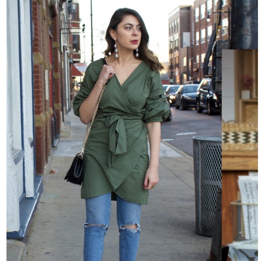 Olive Green Wrap Dress with Puff Sleeves